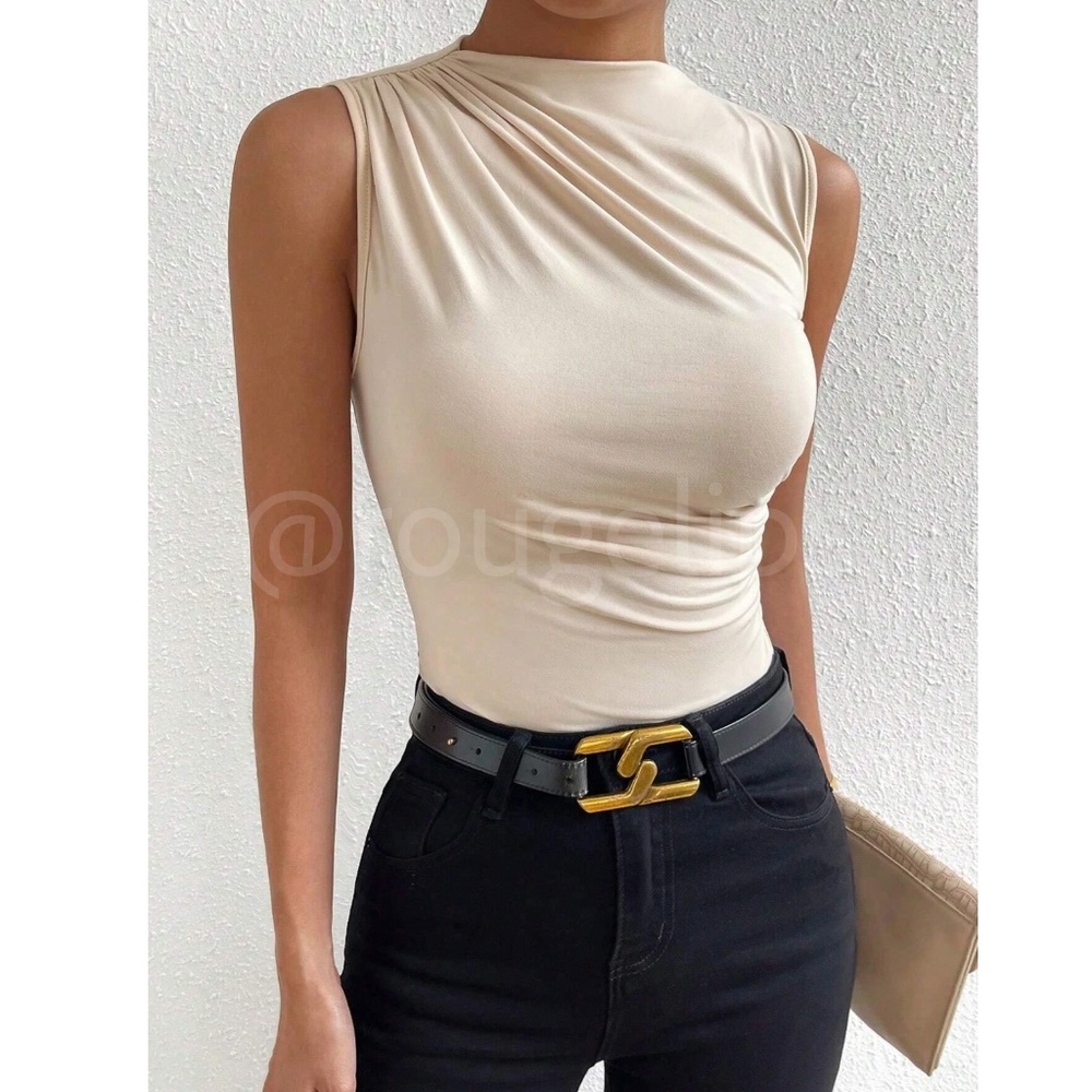 Ruched Beige Asymmetrical Sleeveless Shirt Top Stretchy - Picture 2 of 9